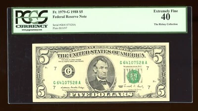 DBR 1988 $5 FRN Chicago Fr. 1979-G PCGS XF-40 Serial G64107528A - Image 1 of 2