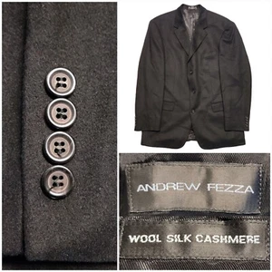 Andrew Fezza Sport Coat Mens 46R Black Suit Jacket 3 Button Cashmere Silk Blazer - Picture 1 of 14
