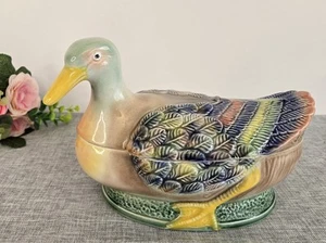 Vintage Portuguese Majolica Caldas da Rainha Ceramic Duck Tureen Marked - Picture 1 of 10