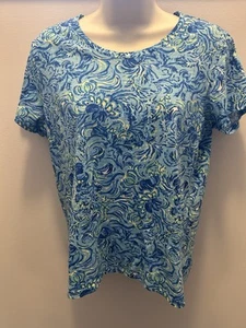 Ladies Stella Parker Blue Tropical Floral Short Sleeve Top Medium M NWOT - Picture 1 of 6