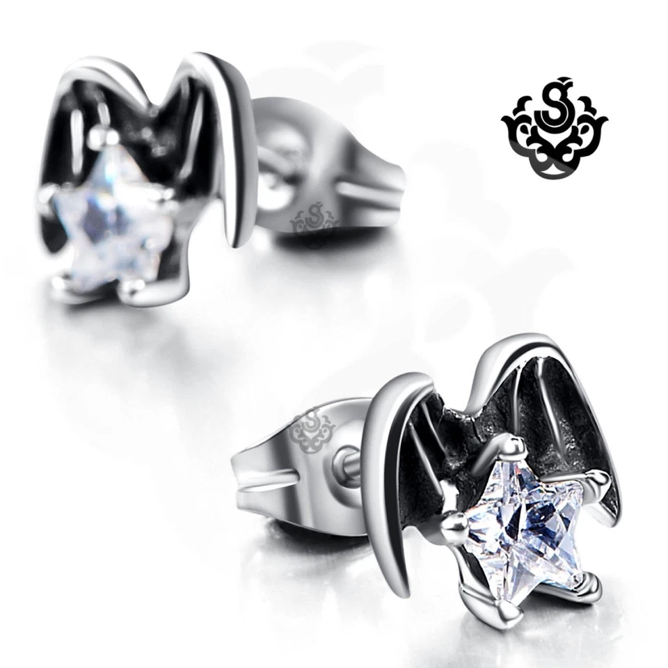Silver stud made with clear swarovski crystal earrings angel wings stars gothic Foto 1 de 1