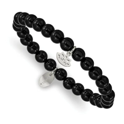 Pulsera elástica de acero inoxidable pulido loto negro ágata con cuentas Foto 1 de 3