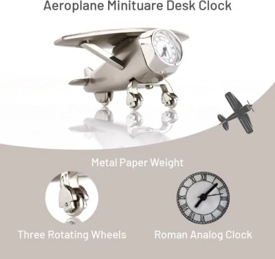 Aeroplane Table Clock with Rotating Wheels, Metal Airplane Design Paper Weight - Image 1 of 4