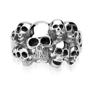BAGUE ANNEAU CHEVALIERE HOMME ACIER 10 TETES DE MORT SKULL BIKER NEUVE 7684 - Picture 1 of 1