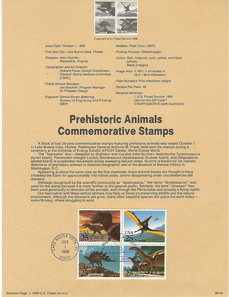 Scott #2422/5...25 Cent...Prehistoric Animals..First Day of Issue...Panel (1989) - Image 1 of 1