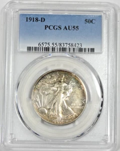 Medio dólar Walking Liberty 1918-D certificado graduación profesional AU 55 fecha clave plata 50c - Imagen 1 de 4