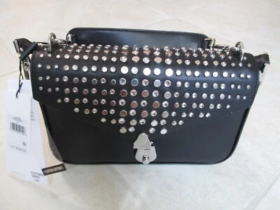 NEW LE Calvin Klein Leather Lock Shoulder Purse Rhinestone Studded Black $268 - Image 1 of 4