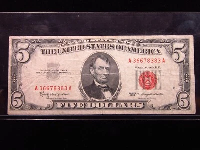 USA $5 1963 A36678383A # UNITED STATES Note RED Seal LINCOLN Bill Dollar Money - Image 1 of 2