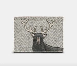 Grey Herringbone Stag & Brown Leather Academy Card Holder With RFID Protection - Picture 1 of 3