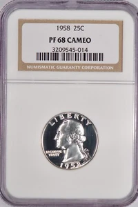 1958 Washington Quarter Proof NGC PF 68 CAMEO PR68CAM Frosty Silver Coin 25C - Picture 1 of 2