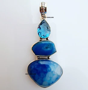 Blue Solar Quartz With Blue Topaz Silver Plated Handmade Large 2.7″ Inch Pendent - Picture 1 of 4
