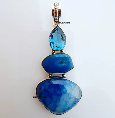 Blue Solar Quartz With Blue Topaz Silver Plated Handmade Large 2.7″ Inch Pendent - Image 1 of 4