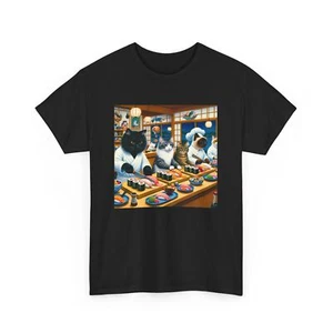 Unisex Adult T Shirt Cats at a Sushi Bar Scene Whimsical Funny Pet Lover Tee - Picture 1 of 25