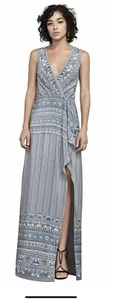 BCBG MAX AZRIA $338 KOKO Draped High Slit Printed Maxi Gray Dress Size 8 - Picture 1 of 15