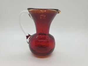 Crackle Glass Pitcher Dark Red/Amberina Mini Clear Applied Handle - Picture 1 of 6