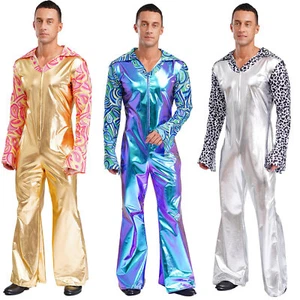 Men Shiny Metallic 70s Jumpsuit Movie Star Bodysuit Disco Costumes Fancy Dress - Picture 1 of 30