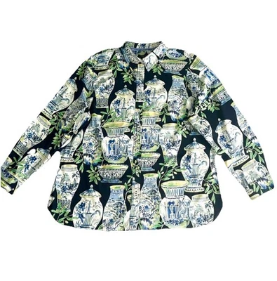 Camisa Talbots Acuarela Jarrones Cerámica Floral Azul Negro Algodón Talla XL Pequeña Foto 1 de 4
