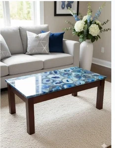 Rectangular Blue Agate Table Top: Natural Stone Coffee or Dining Table - Picture 1 of 9