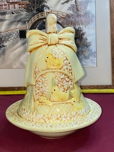 Hand Painted Easter Ceramic Yellow Bell  Butter/Cheese Dish Bow Peeps chicks VTG - Picture 1 of 12