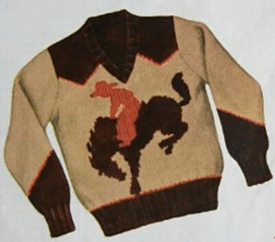 Винтажный 1950-х вязаный детский свитер коричневый ковбой лошадь Bucking Bronco Western 8-10 лет - Изображение 1 из 4