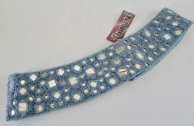 Cinto de declaração vintage anos 80 CHRISTIANA azul com miçangas espelhado novo com etiquetas tamanho P - Imagem 1 de 4