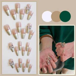 24pcs Long Coffin Metallic Feel Fake Nails With Bow Decor False Nails Press On - Picture 1 of 7