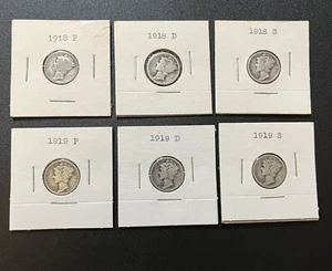 Mercury Dimes 1918 PDS and 1919 PDS Set - LOT OF 6 Coins. FREE SHIPPING! - Picture 1 of 14