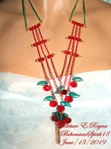 Arturo E.Reyna RED CHERRIES CHARMS Czech Glass beads HANDCRAFTED Necklace - Picture 1 of 8