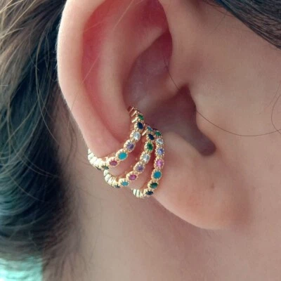 1 pair rainbow CZ circle Cuff Clip Earrings for Women No Ear Piercing Jewelry - Image 1 of 4