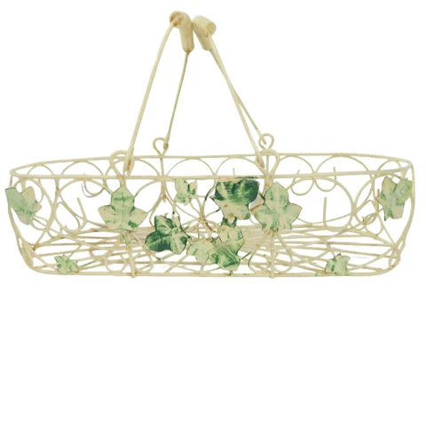 Metal Wire Basket Long Oval Ivory w Green Leaves Two Handle Chippy Rustic VTG Cover