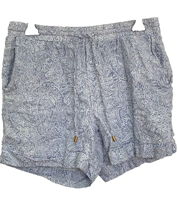 Pantalones Cortos Ellen Tracy Talla Pequeña Azul Blanco Paisley 100% Lino Tirar con Cordón Foto 1 de 4