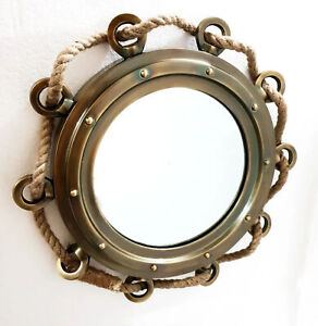 Antique Style 16" Port Mirror Aluminum Wall Décor Ship Porthole in Brown Finish