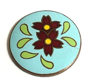 Aquablaue Emaille mit roten Blumen Gold Metall Knopf - Bild 1 von 2