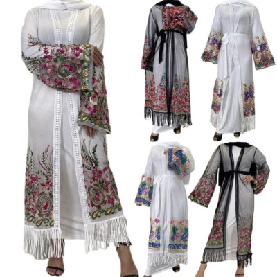 Vestido Abaya Kimono Dubai Mujeres Cárdigan Malla Musulmana Bordado Estampado Caftán Bata Foto 1 de 4