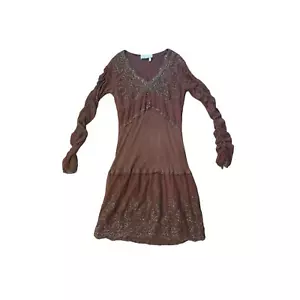 Damen M Elisa Cavaletti braun Netz Spitze Overlay Kleid langarm gerissen - Bild 1 von 5