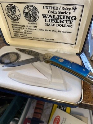 United Boker  Walking Liberty Half Dollar 2-Blade Knife, Blue Bone-w/Box-unused - Image 1 of 4