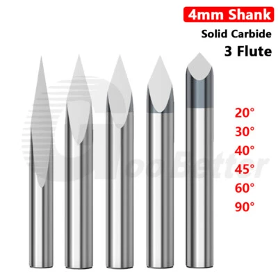 4mm Shank Solid Carbide Router Bits 3 Flute 20°-90° Engraving Tool End Mill CNC - Image 1 of 4