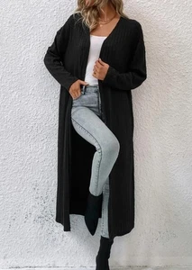 Cardigan extra lungo nero a costine manica lunga aperto davanti maglia semitrasparente 2XL - Foto 1 di 10
