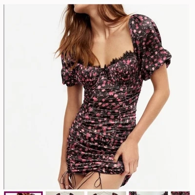 For Love & Lemons Black Floral Ruched Puff Sleeve Mini Dress Size L - Image 1 of 4