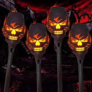 4PCS Halloween Flame Skull Solar Outdoor Lights Stake Garden Path Flickering LED - Picture 1 of 18