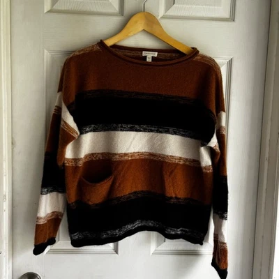 Garnet Hill Women's Striped 100% Cashmere Sweater Size M Classy Old Money Brown - Image 1 of 4