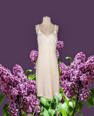 LORRAINE Ivory Lace Trim Slip Dress 100% NYLON Women's Size 36 TALL Vintage 80's - Image 1 of 4