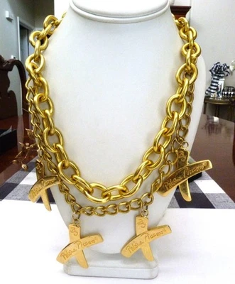 HUGE HEAVY GOLD PLATED PALOMA PICASSO X CHARMS 2 CHAIN DRAPE 51" LONG OR SHORTER - Image 1 of 4