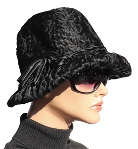 Pelz Hut Persianer Fell Kappe Mütze Vintage Schleife Lammfell Topf Eimer Schwarz - Imagen 1 de 8