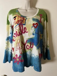 Unikat Chico's Gr. Großes Y2K Neuheit Top I SMILE 4 YOU 3/4 Arm 100 % Baumwolle - Bild 1 von 12