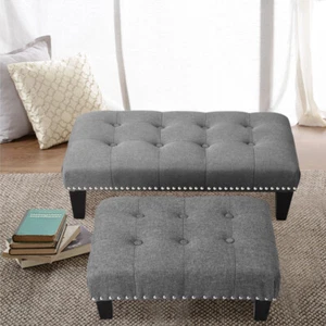Small Footstool Ottomans Rectangular Footrest Linen Upholstered Stool Seat Chair - Picture 1 of 12
