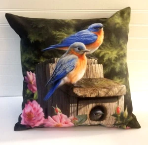 Bluebirds and Roses Climaweave Pillow 18x18 Indoor or Outdoor - Picture 1 of 8