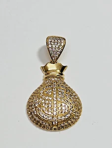 Unique 10K Solid Yellow Gold MONEY BAG $ Charm Pendant W/ CZ'S Free Shipping - Picture 1 of 12
