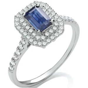 9ct White Gold 0.30ct Double Halo Diamond 0.66ct Emerald Cut Sapphire Ring - Picture 1 of 4