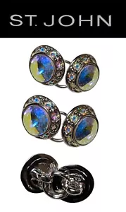 St John Knits Silver Tone Aurora Borealis Crystal Linked Double Sided Buttons - Picture 1 of 1